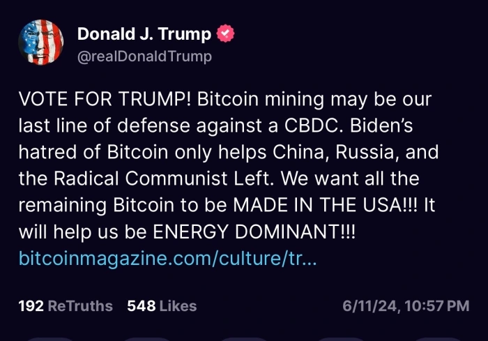 Дональд Трамп пообещал защитить сектор майнинга.